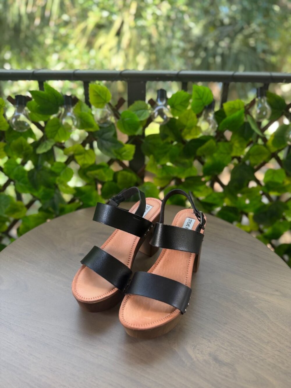 Steve Madden Women's Black Leather Studded Platform Sandals Wood Block Heel Buck